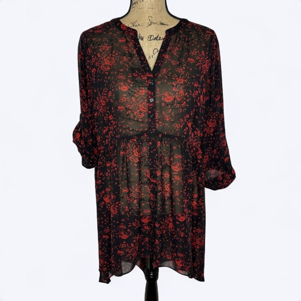Cato Hi Low Tunic Blouse Sz 18/20W Black Red Floral Sheer Roll Tab Dark Romantic